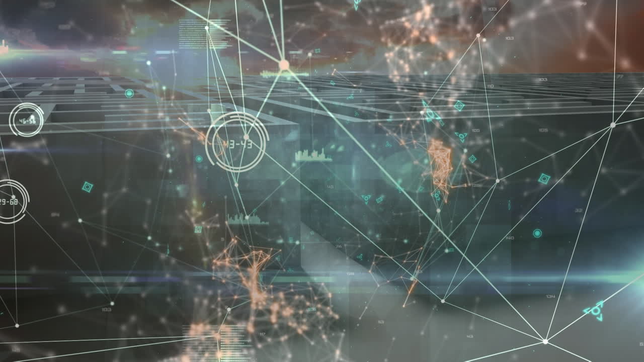 아이콘과 데이터 처리와 함께 연결 네트워크의 애니메이션 구름과 함께 하늘 위에