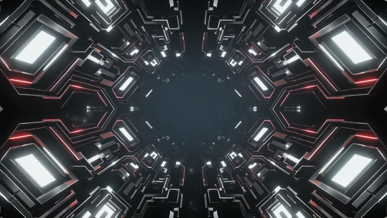 Volando Attraverso un Tunnel Futuristico Astratto con Luci Luminose