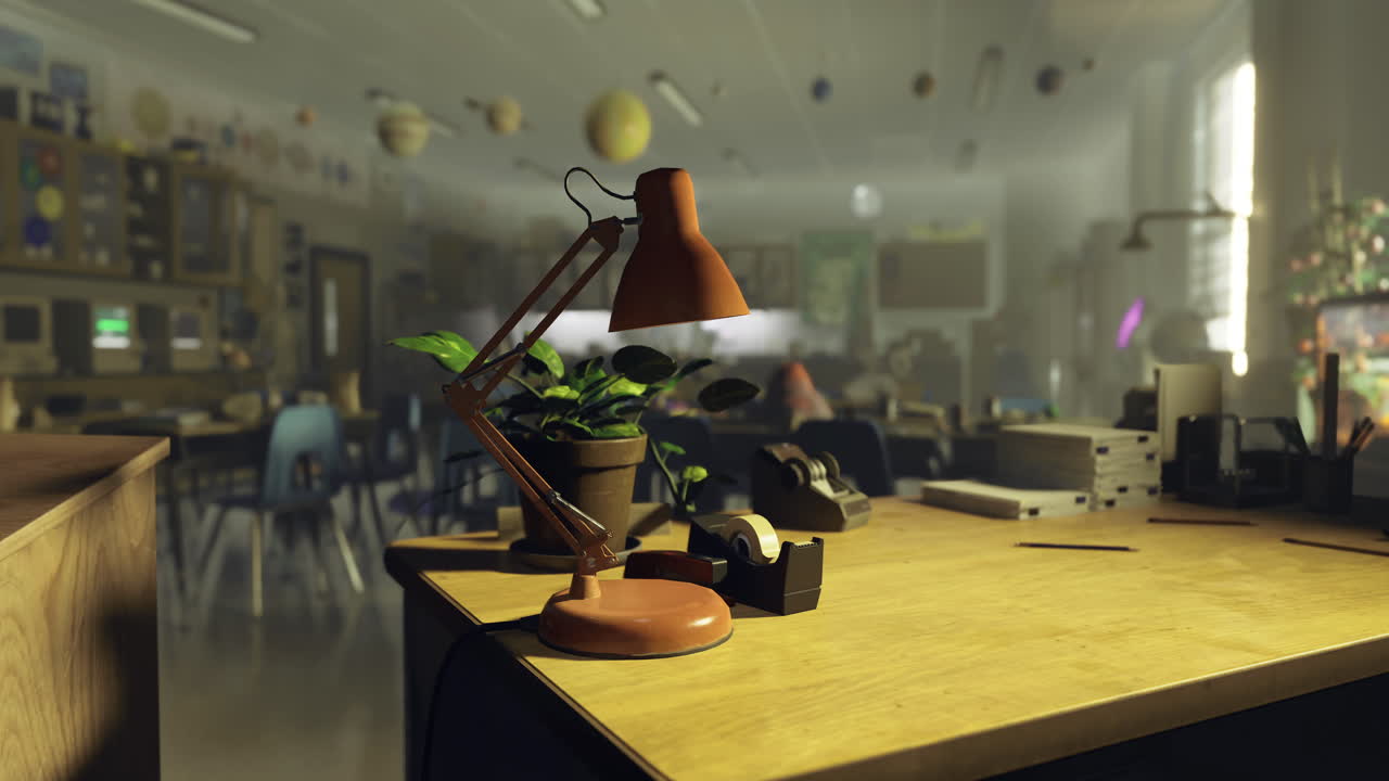 Desk lamp and plant on a wooden table in a busy classroom during daytime