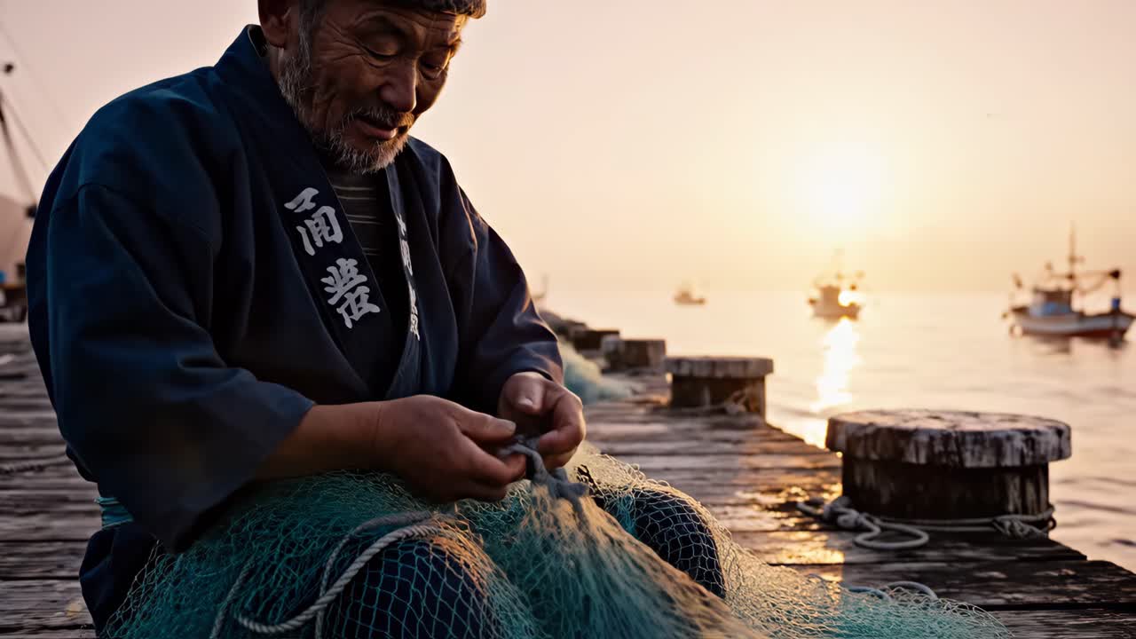 Japanese Fisherman Mending Fishing Net at Sunrise