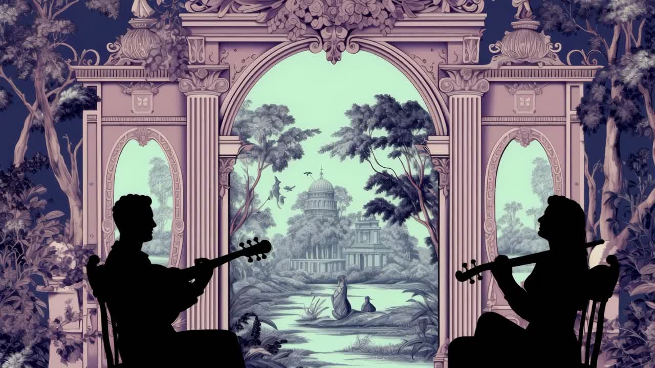シルエットのミュージシャンが、ビンテージ風の華やかな舞台でギターを演奏しています。