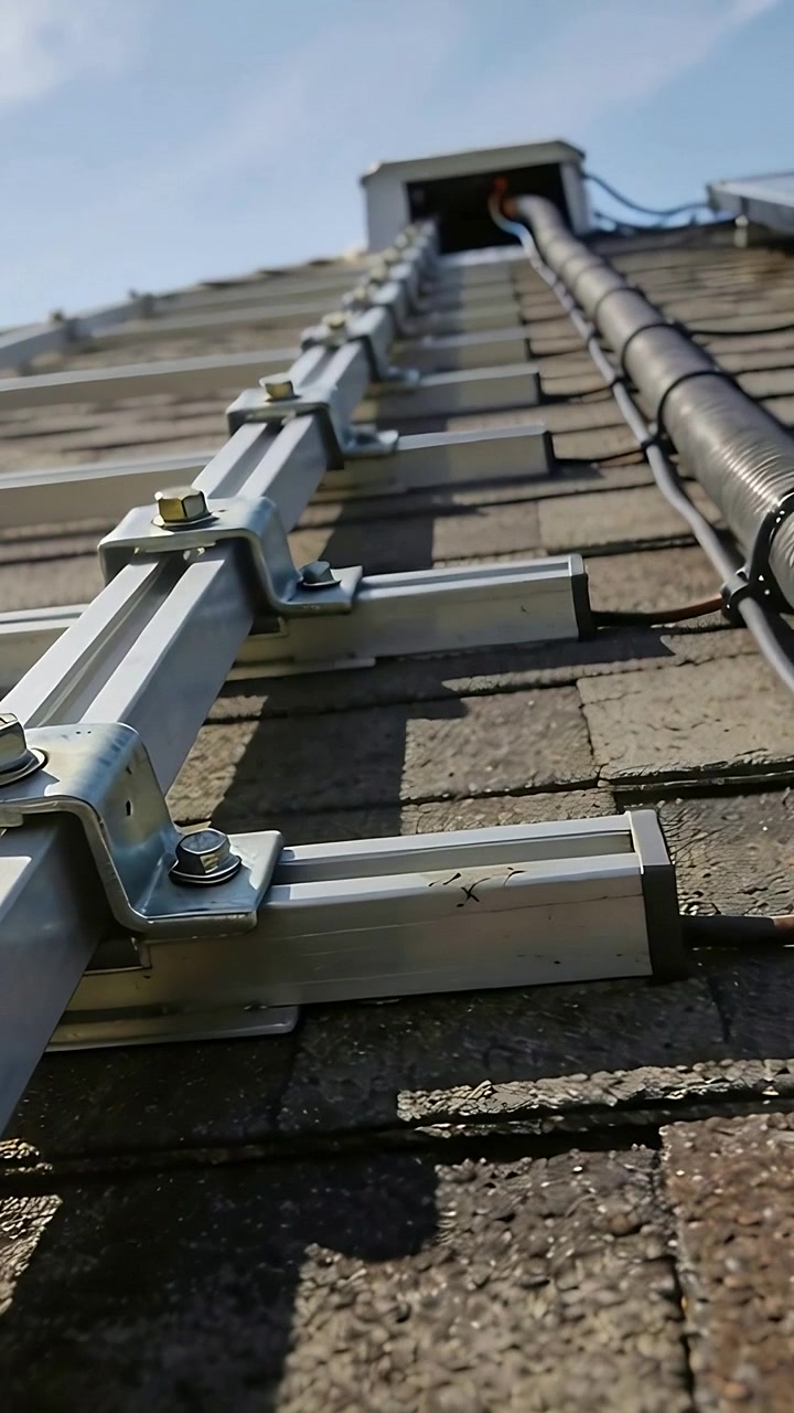Vertical video: Tilting camera documenting metal rails on roof with conduit and cable into junction