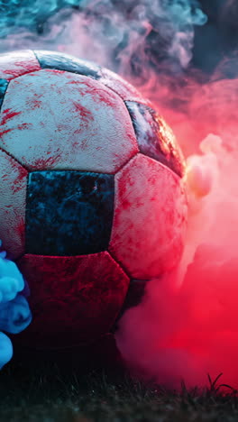 a soccer ball is surrounded by smoke and is red, white, and black. the smoke is coming from a fire, and the ball is on the ground