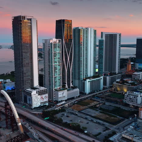 gorgeous skyscrapers in miami downtown. amazing pink and blue sky at the backdrop.