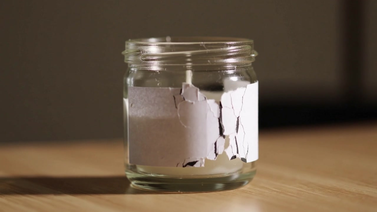Cracking right-side paper label on clear glass jar revealing white candle wick on wooden tabletop
