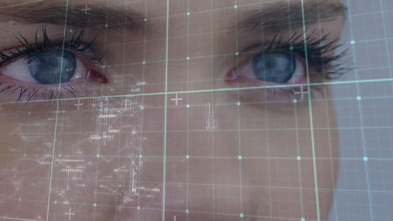 Animation of data processing over grid and woman's face