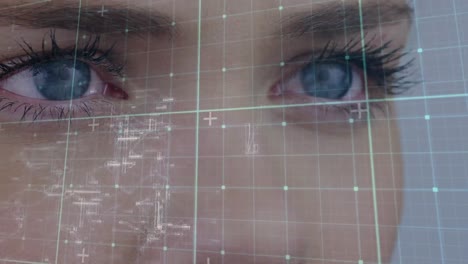 Animation of data processing over grid and woman&#039;s face