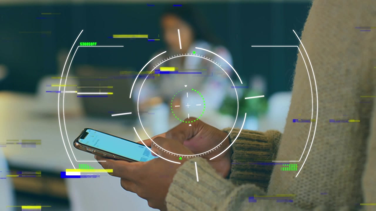 Animation of scan scoping over african american women using smartphone
