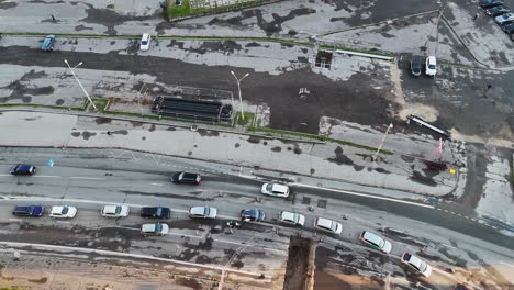 aerial view of cars driving in the road at purvciems, vidzeme suburb, riga, latvia.