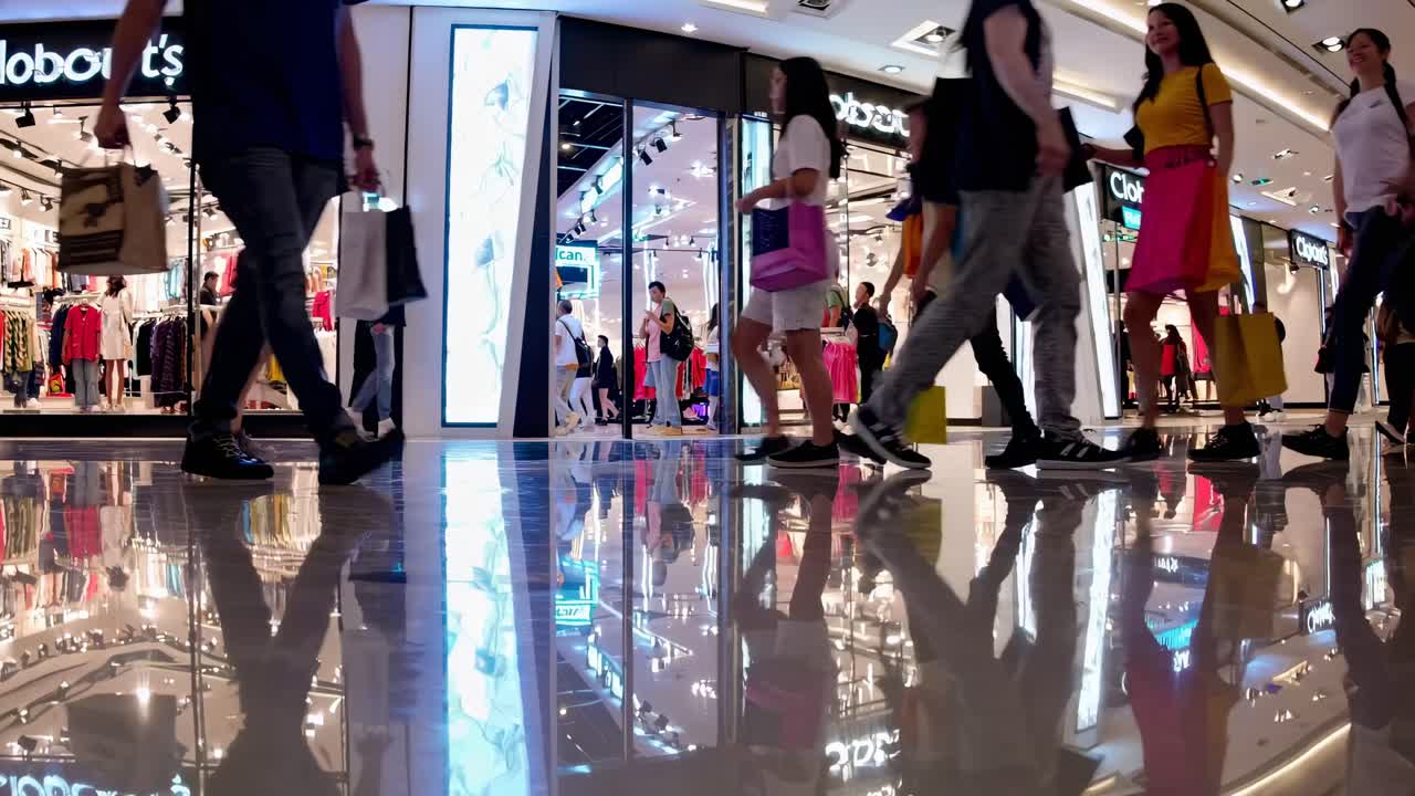 Scatto grandangolare di un centro commerciale affollato con clienti che portano borse, che si riflettono sul pavimento lucido