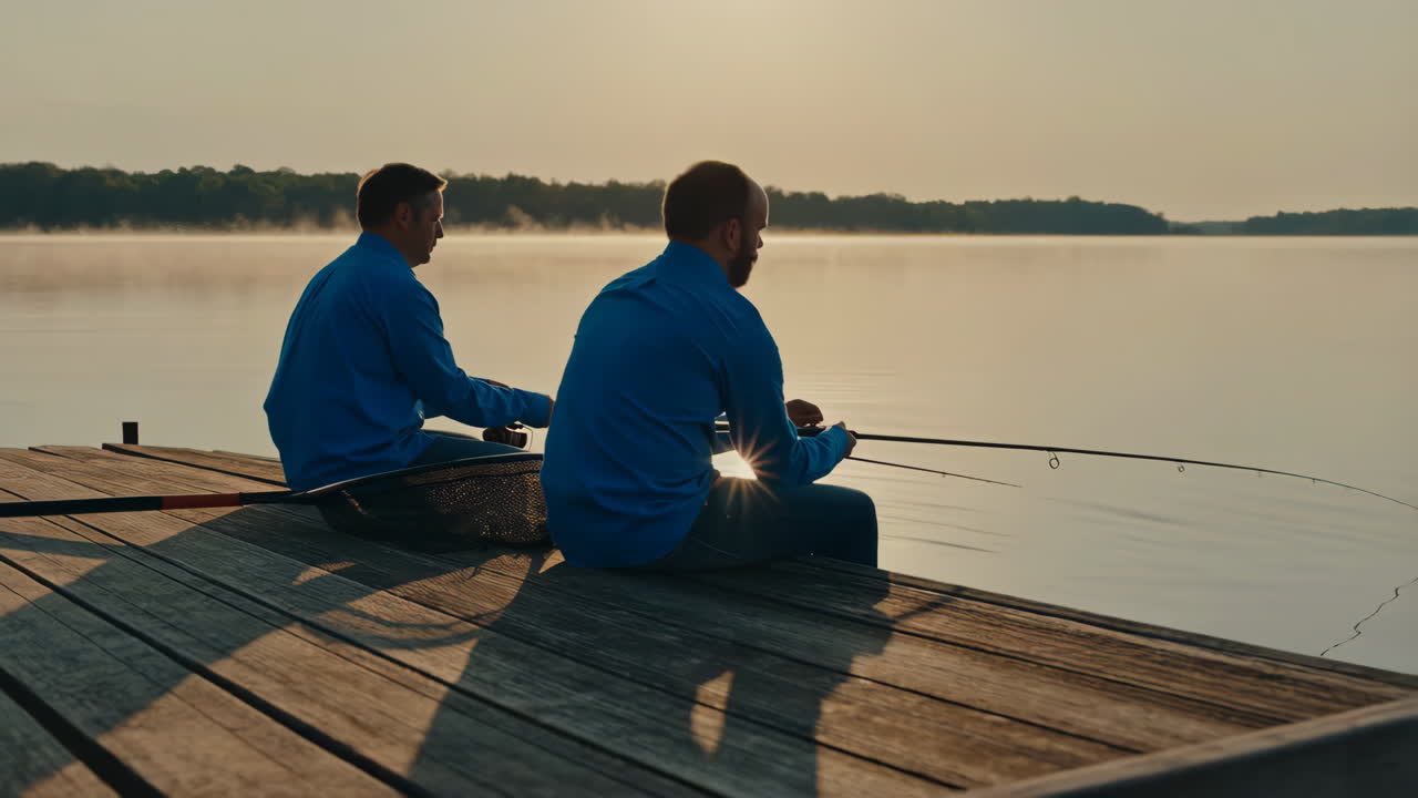 Two men fishing from a pier on a tranquil lake at sunrise or sunset