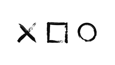 brush strokes painting geometrical figures on white background, monochrome. animation. silhouettes of a cross, a triangle, and a circle illustrated with black inks