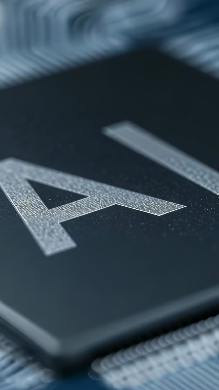 Vertical video: Shifting camera focusing, revealing AI chip, pins and PCB traces showing texture