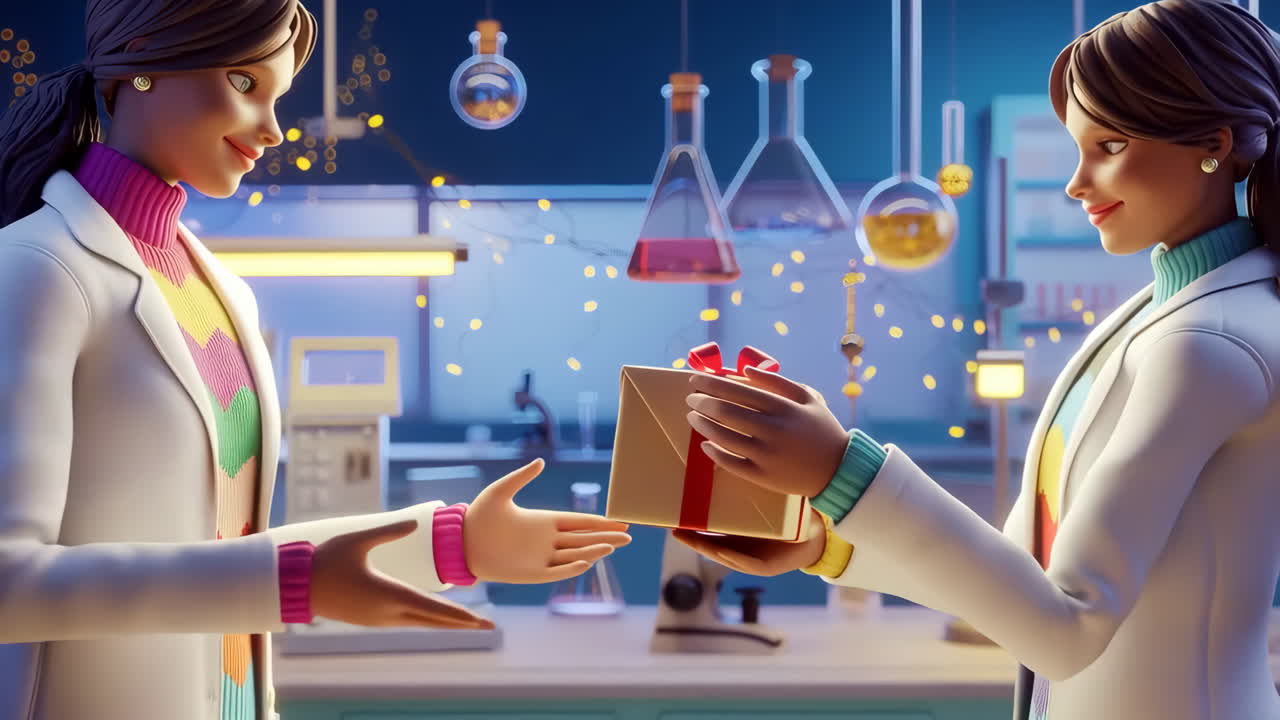 Two Scientists Exchanging a Gift in a Laboratory