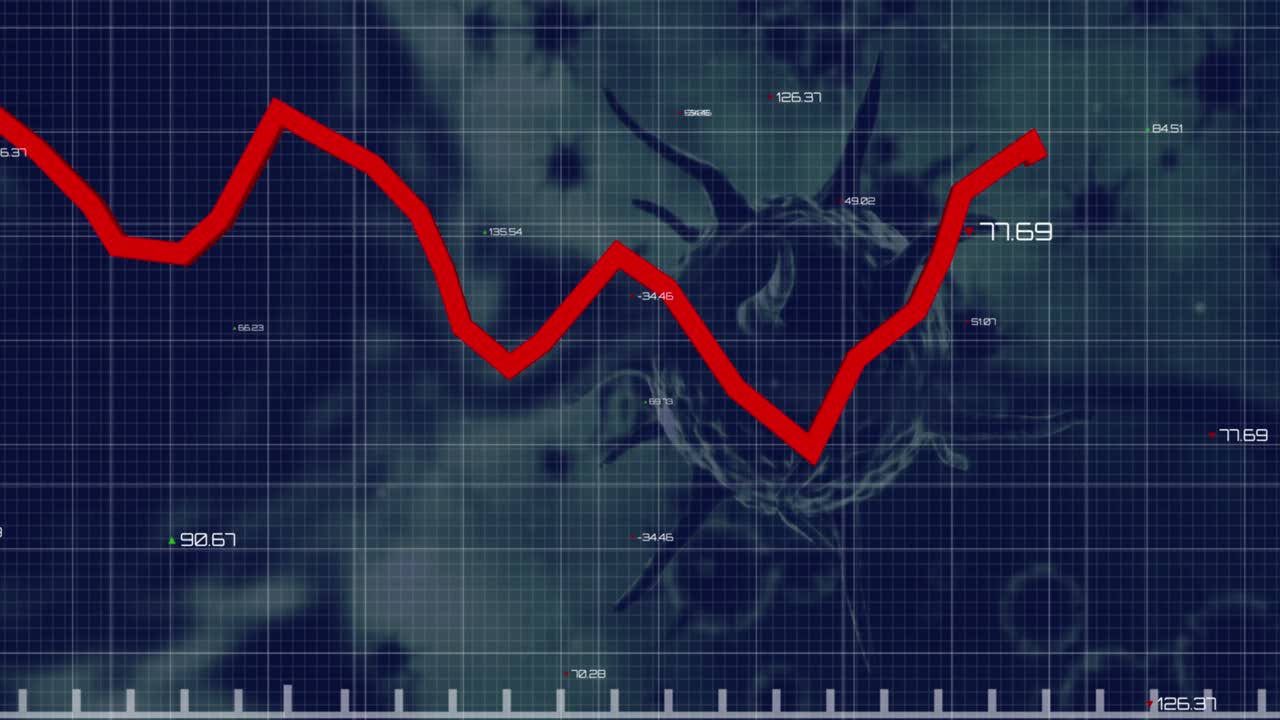 Animazione di elaborazione dati statistici su cellule di COVID-19 che fluttuano su uno sfondo grigio.