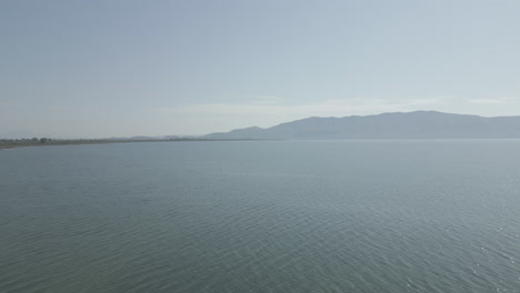 Drone-shot-flying-over-Shkodra-Lake-in-Albania-with-mountains-in-the-background-and-green-plants-grass-nature-underneath-on-a-sunny-day-with-haze-above-the-lake-LOG