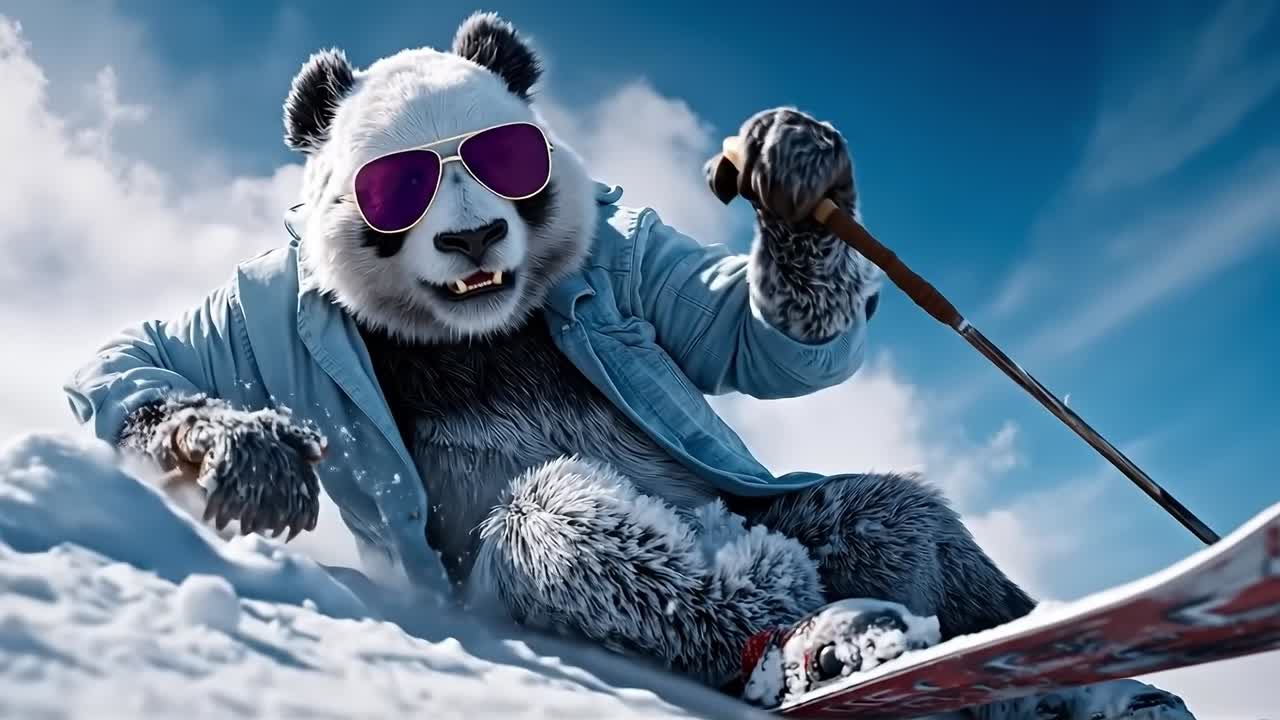 Panda-karhu aurinkolasit päässä pitelee lumilautaa lumessa
