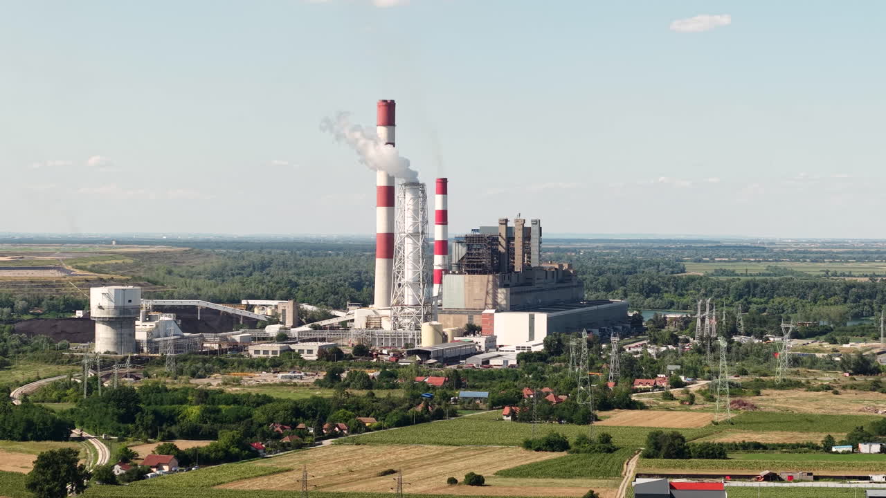 Coal Fired Power Station, Drone Shot of Electric Plant in Plain Landscape