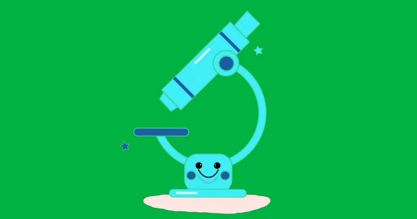 Designer placing cyan microscope with smiling face on transparent backdrop for science education