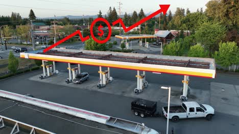 Aerial-view-over-an-empty-gas-station-with-a-rising-prices-animation-floating-overhead