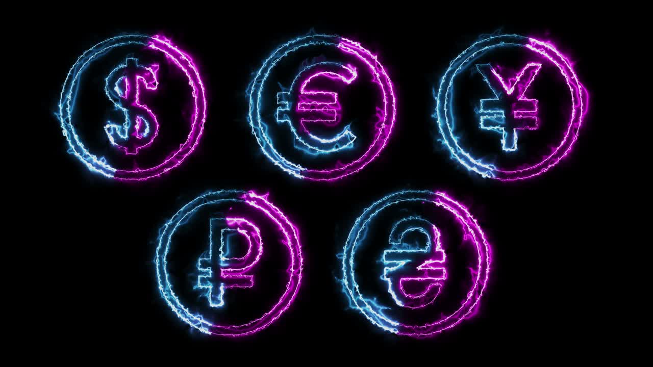 Dynamische gloedeffecten van contouren van valuta's op een zwarte achtergrond.