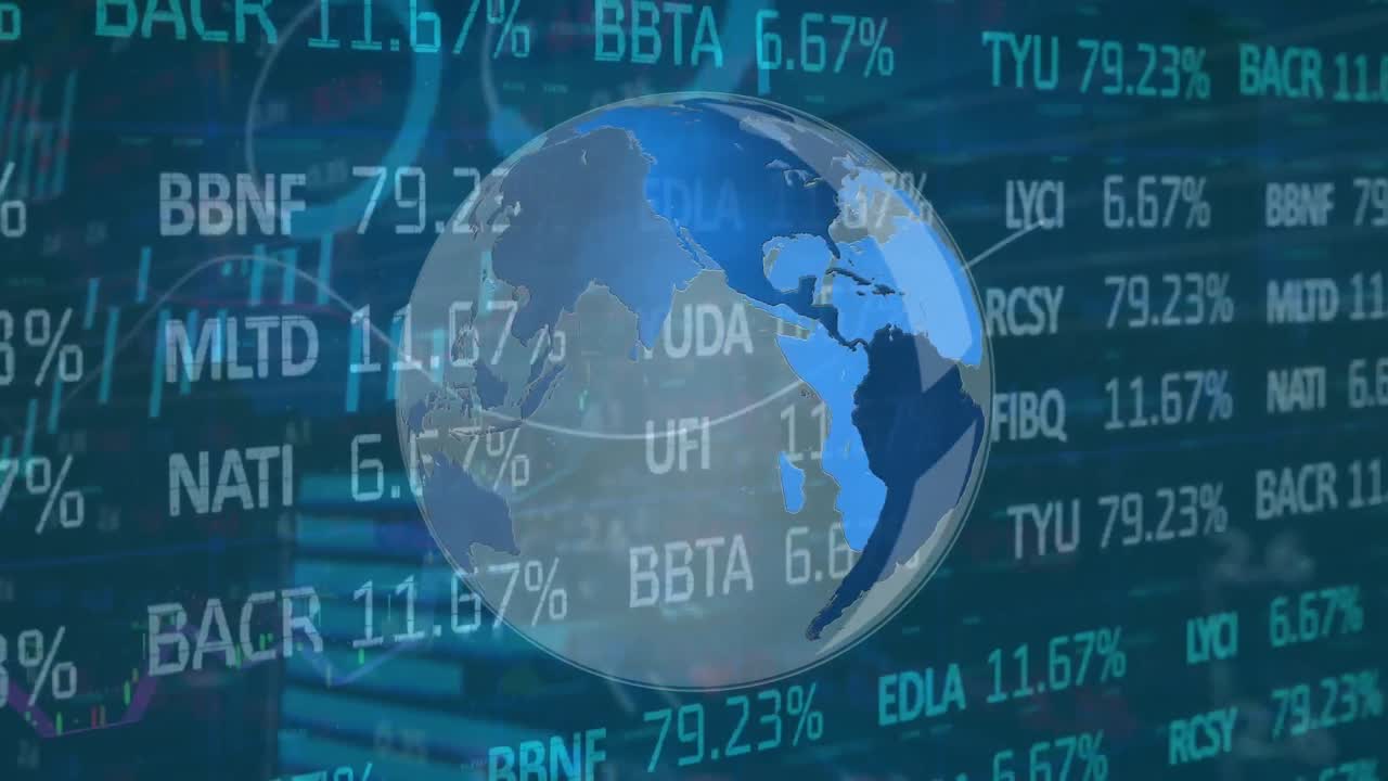 animación de un globo giratorio sobre el procesamiento de datos estadísticos y del mercado de valores sobre un fondo azul