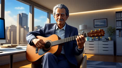 senior man playing guitar in office