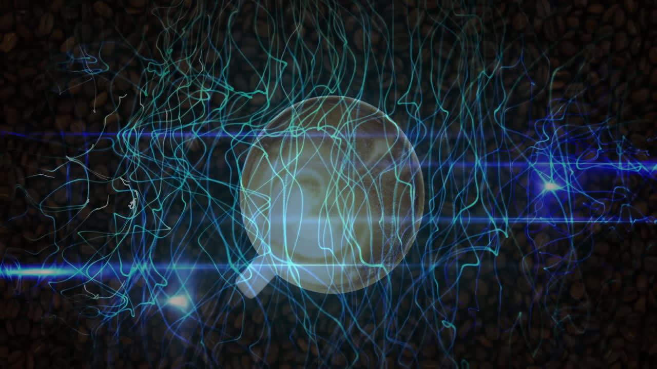 Translucent sphere floating at center, showing neon blue and teal light trails over pebble texture