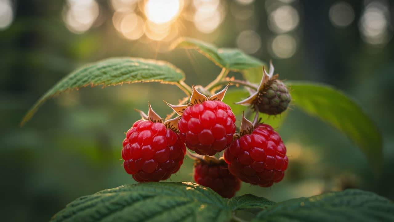 A Vibrant Close-Up of Ripe Raspberries Glowing in Soft Sunrise Light Amid Lush Greenery, Showcasing Nature's Juicy Bounty in a Serene Forest Setting