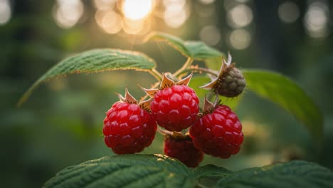 a vibrant close-up of ripe raspberries glowing in soft sunrise light amid lush greenery, showcasing nature's juicy bounty in a serene forest setting