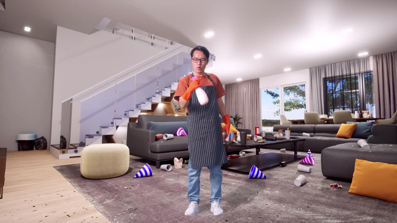 Full Body Of Asian Male Housekeeper With An Apron Spray Before Blowing It As A Gun While Standing In House