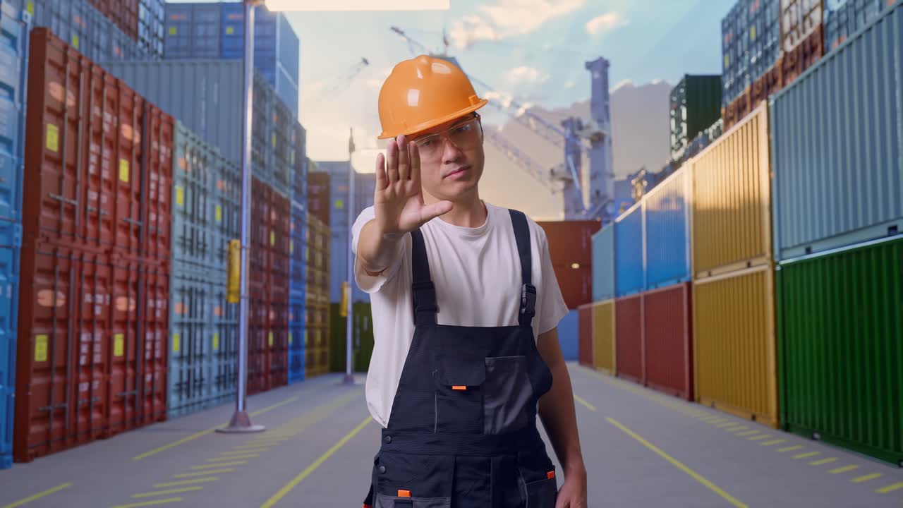 hombre asiático trabajador con gafas de protección y casco de seguridad mirando a la cámara y desaprobando sin señal de mano mientras está de pie en el almacén del patio de contenedores