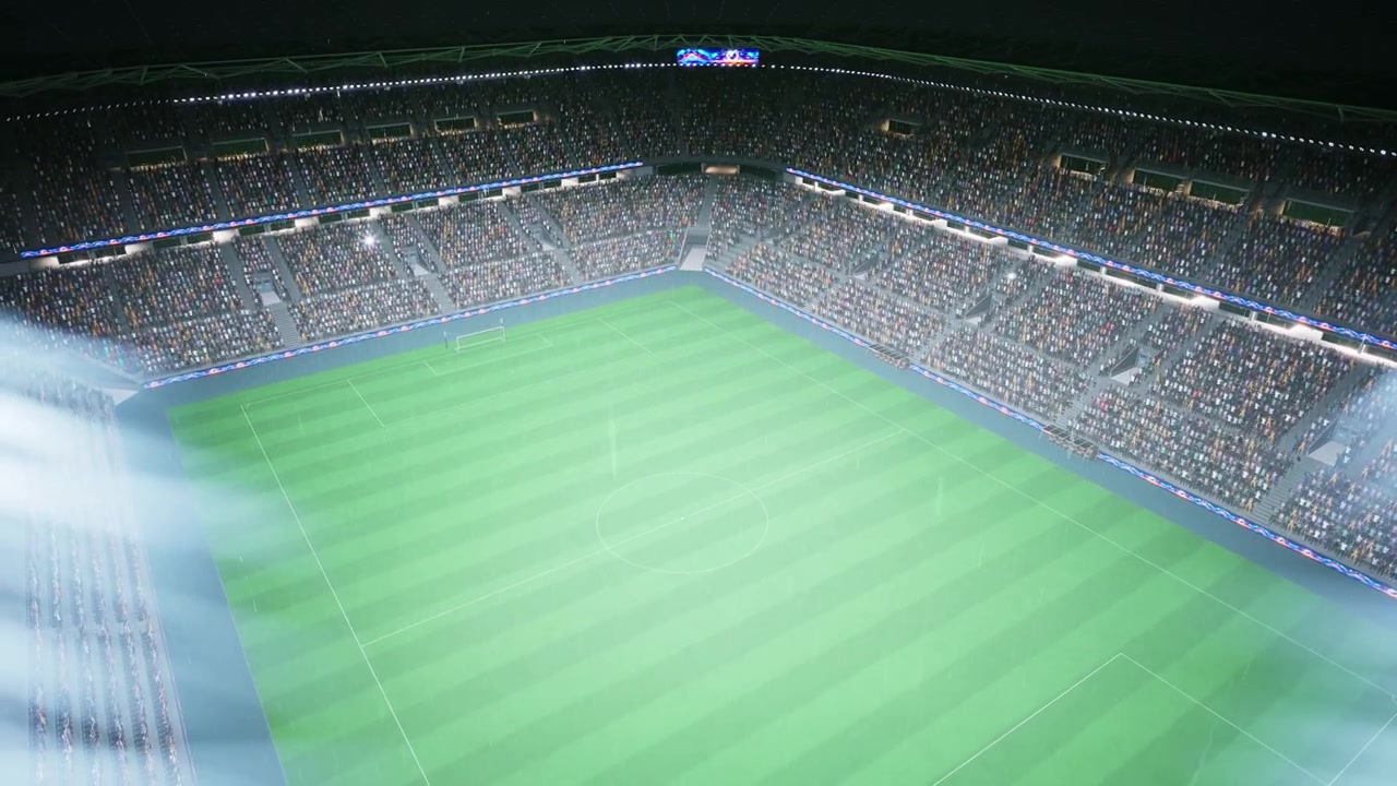 3D-gerendertes Fußballstadion, das ein Turnier während einer regnerischen Nacht veranstaltet