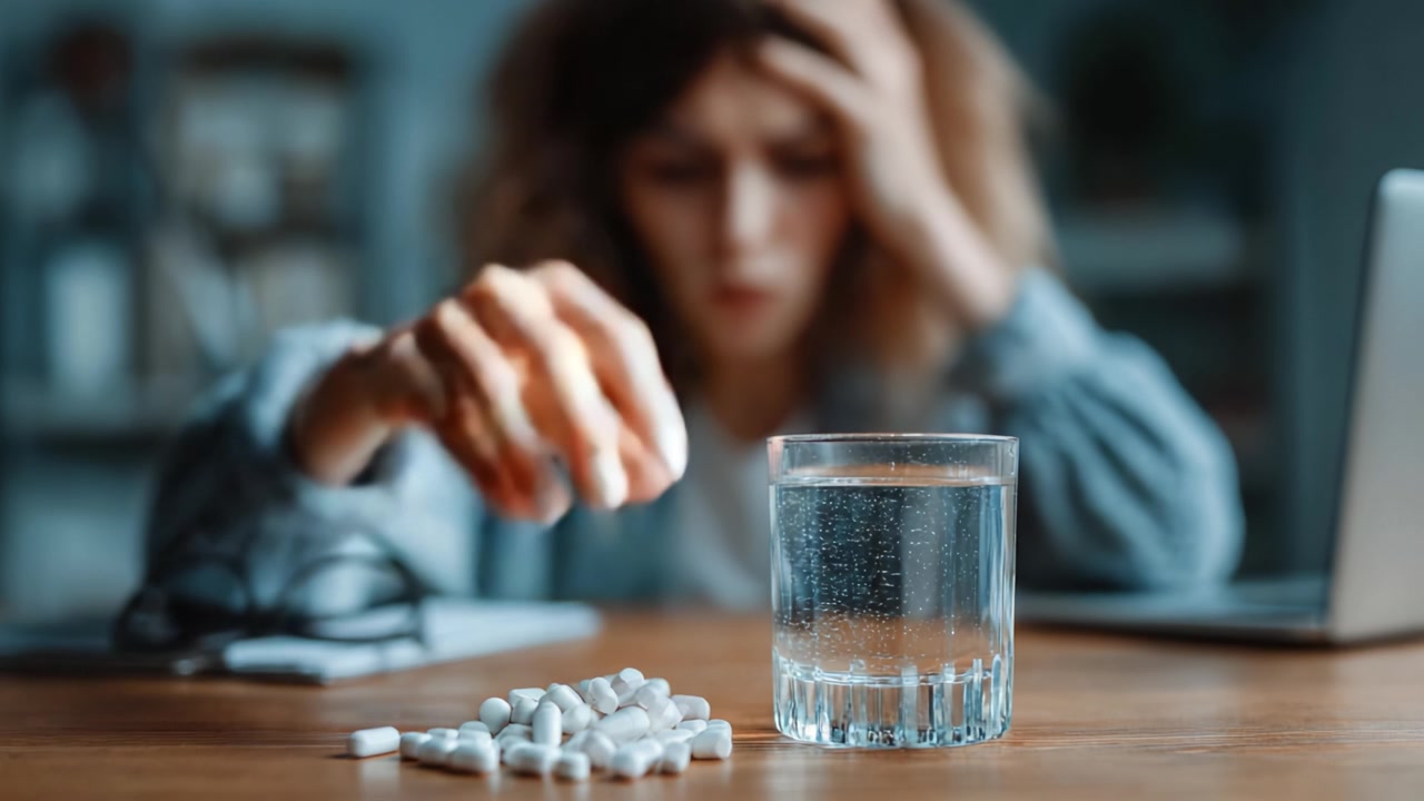 Una persona lotta contro stress e ansia mentre si prepara ad assumere farmaci, riflettendo un momento di vulnerabilità e la ricerca di sollievo tra emozioni travolgenti.