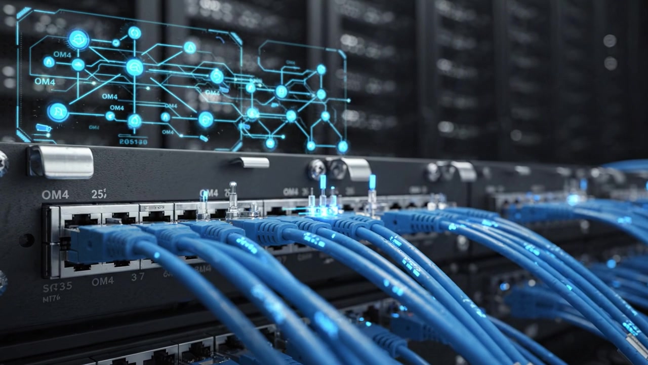 Modern Data Center Network Infrastructure with Advanced Connectivity Featuring Optical Fiber Cables, High-Speed Routers, and Digital Network Mapping Visualization