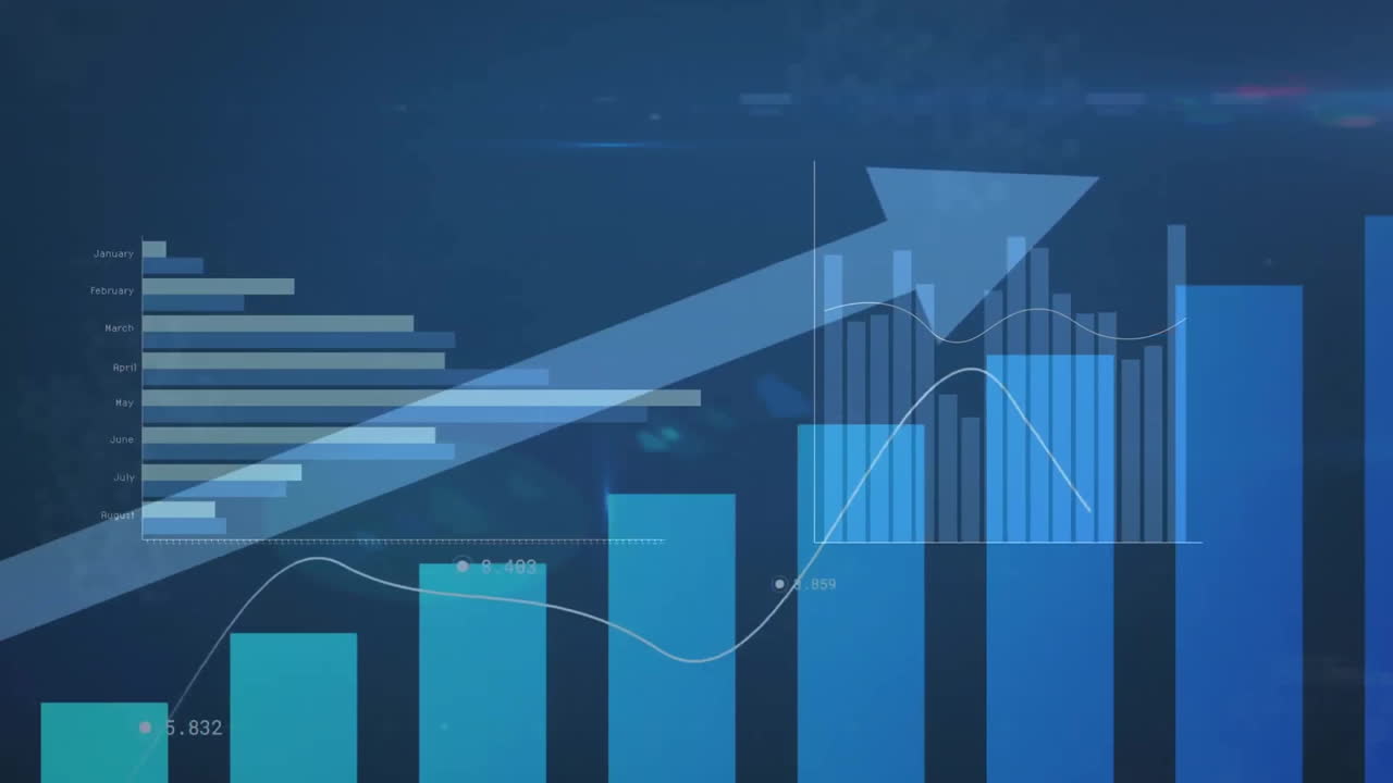 Animation of diagram with arrow and data processing over blue background