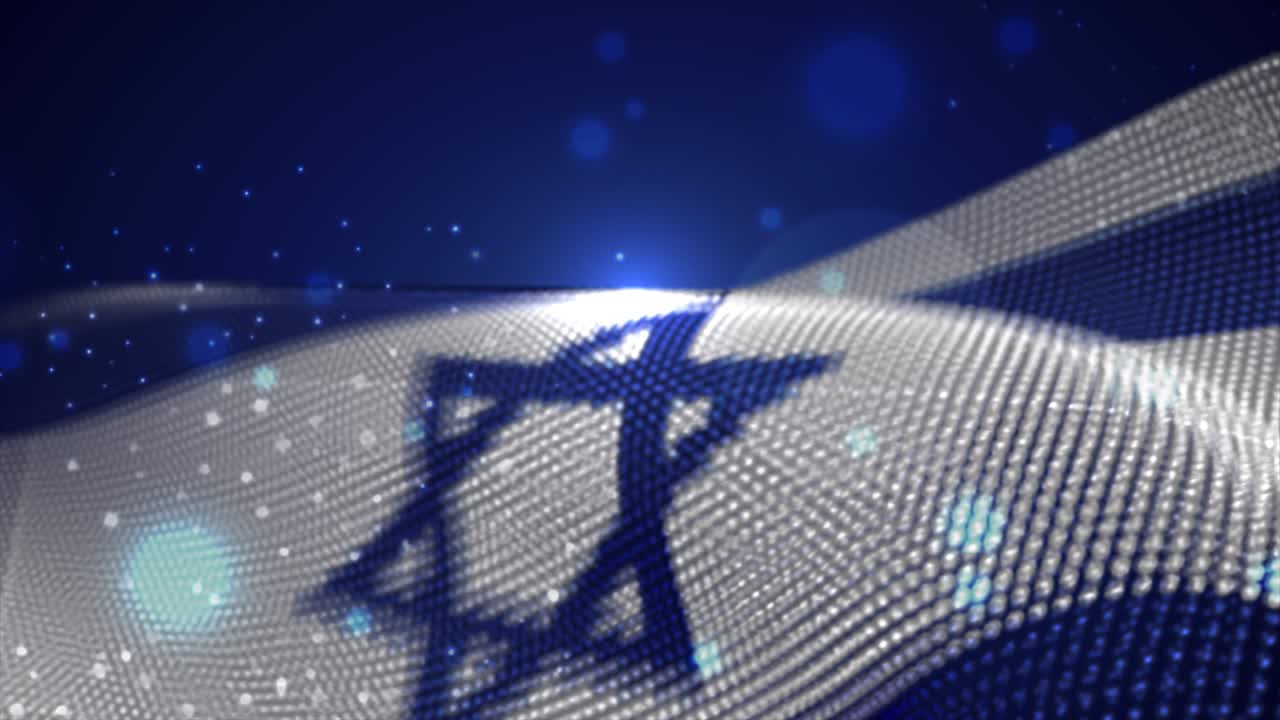 Israel waving flag on blue background with bright flares, motion loop