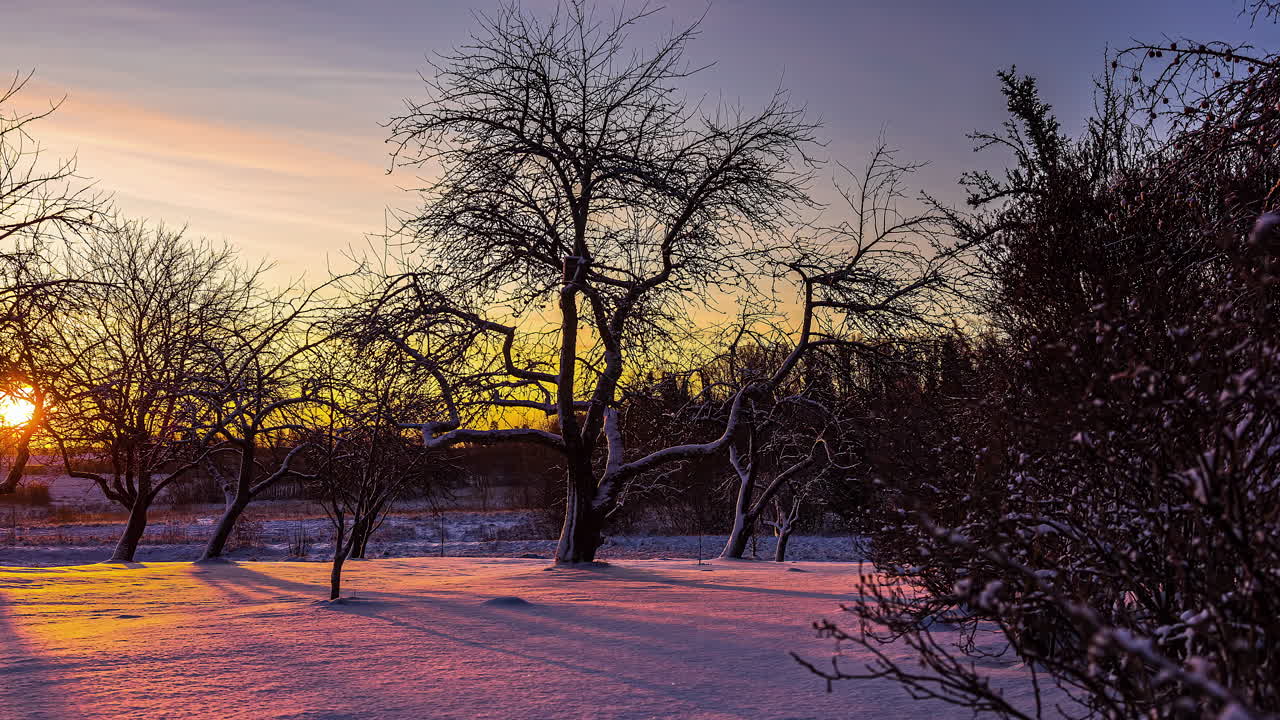 colorido amanecer de invierno con el amanecer dorado proyectando sombras sobre la nieve - lapso de tiempo