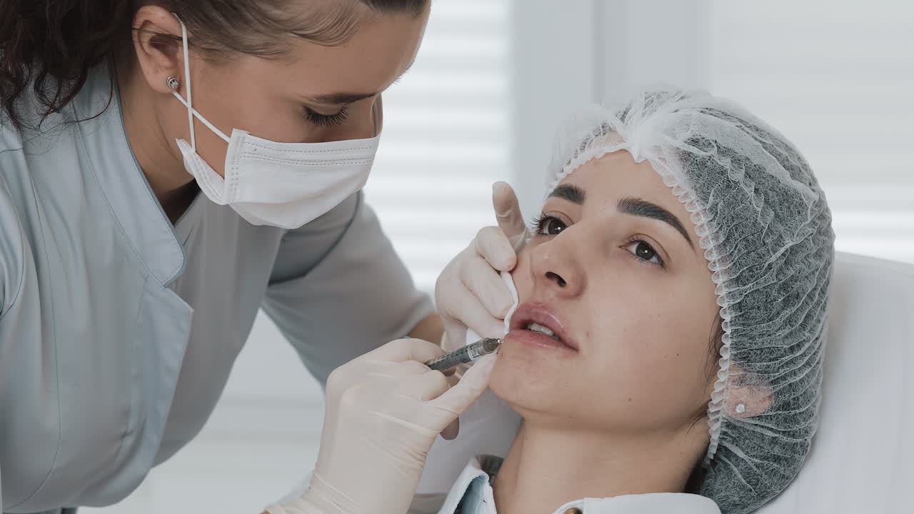 Woman receiving lip filler injection from a doctor