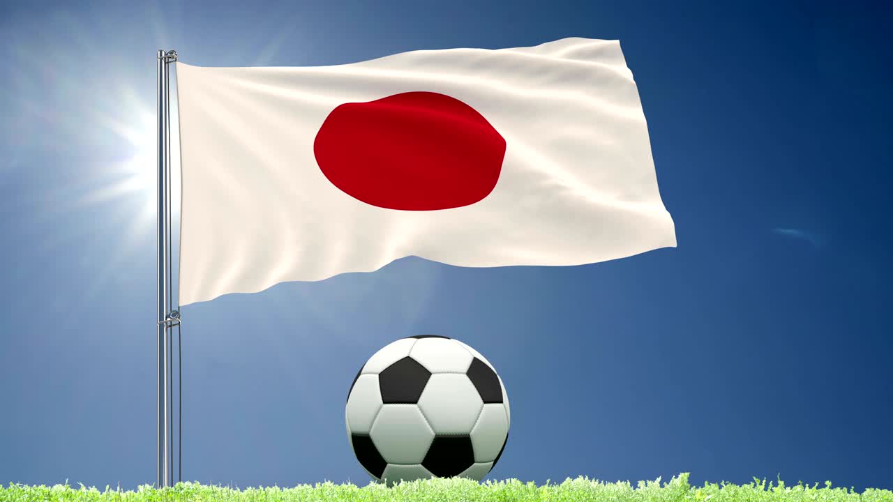일본의 발이 날아다니며 잔디에서 축구공이 굴러가는 3d 렌더링, 4k 영상