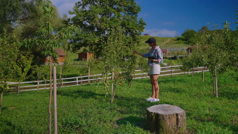 woman inspecting fruit trees in an orchard