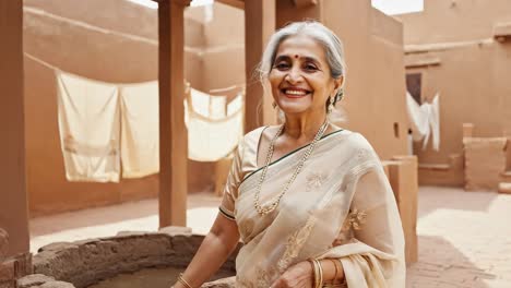 elegant indian senior woman wearing a traditional sari and beautiful jewelry, smiling joyfully in a rural village, surrounded by colorful hanging laundry in the background