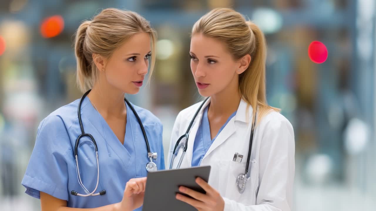 Professionisti medici che collaborano: Due operatrici sanitarie analizzano i dati dei pazienti su un tablet digitale in un moderno ambiente sanitario