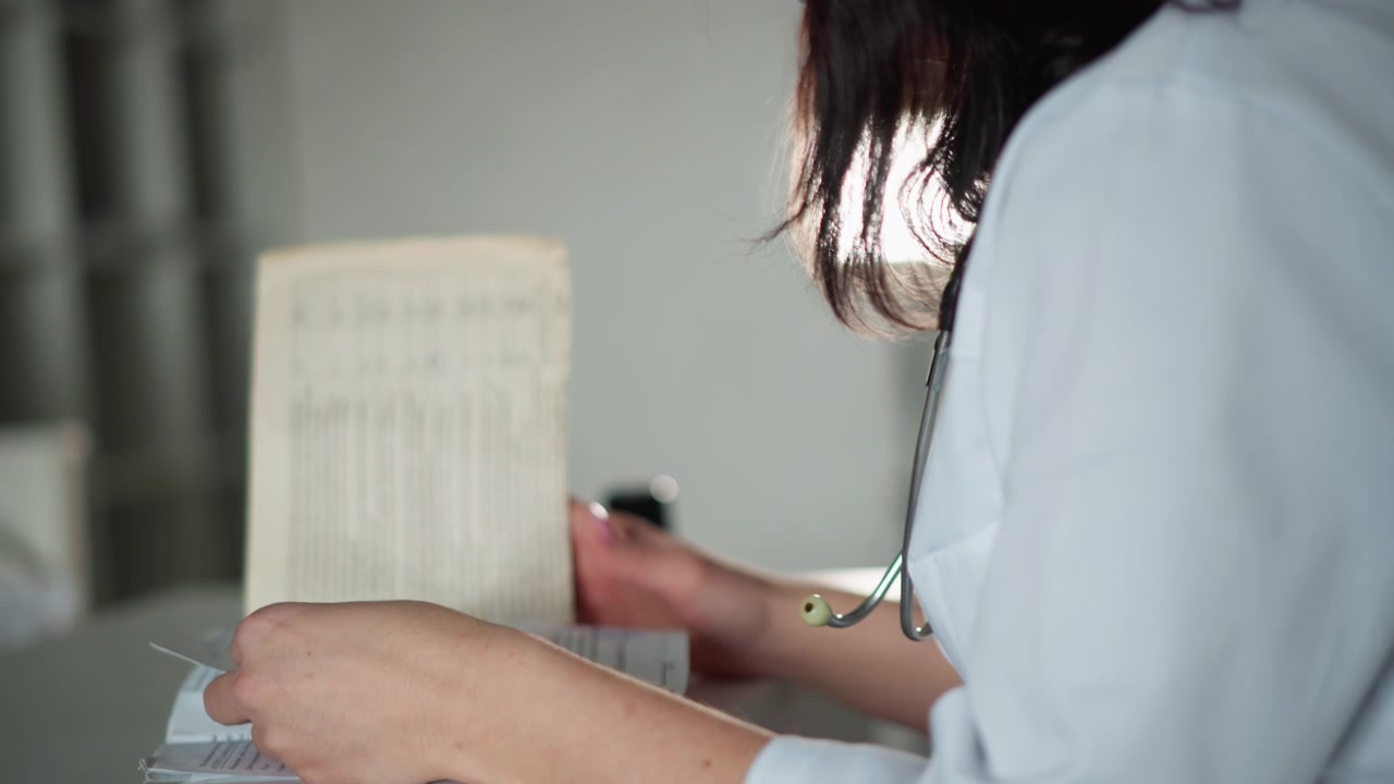 Médico revisando expedientes. Profesional de la salud examinando registros de pacientes. Trabajador sanitario hojeando cuidadosamente gráficos mientras documenta datos esenciales del paciente en un entorno de oficina