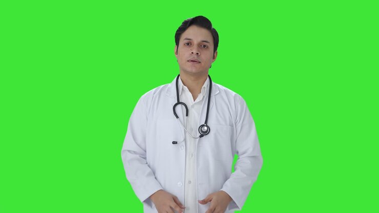 médico indio poniendo un estetoscopio en los hombros pantalla verde
