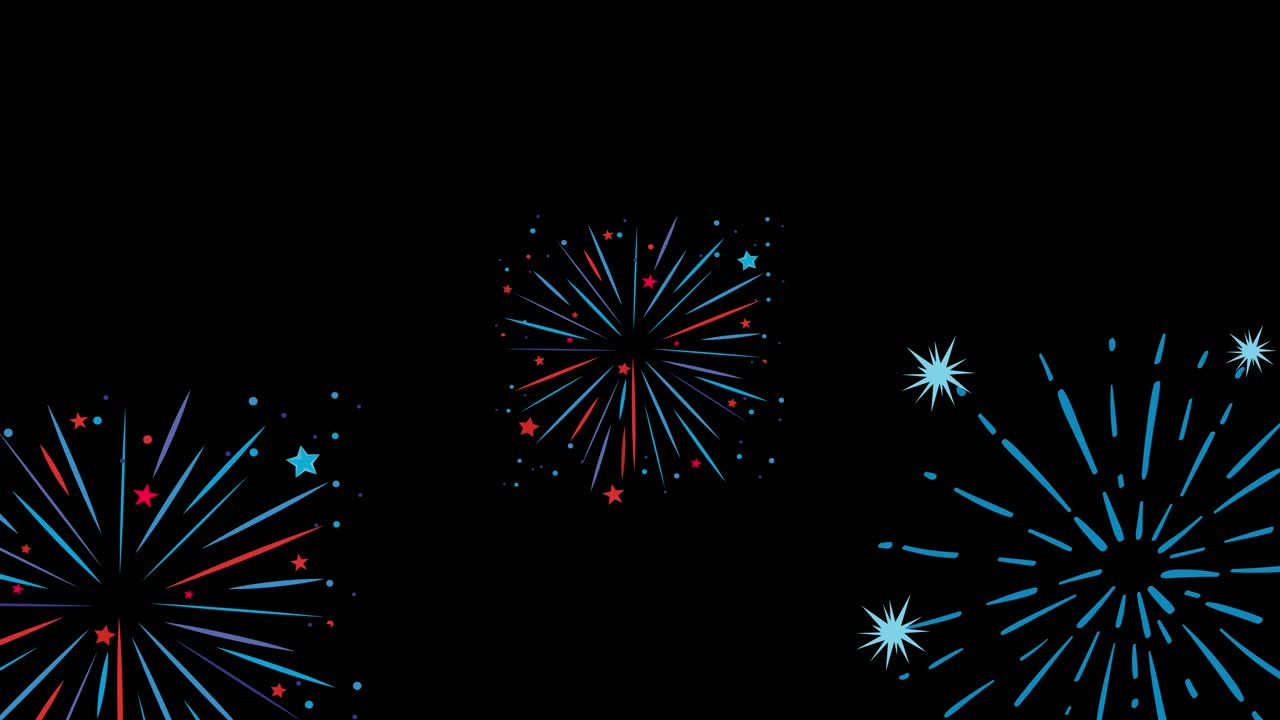 Dynamic animation of colorful fireworks bursting against a dark sky, creating a festive and celebratory atmosphere