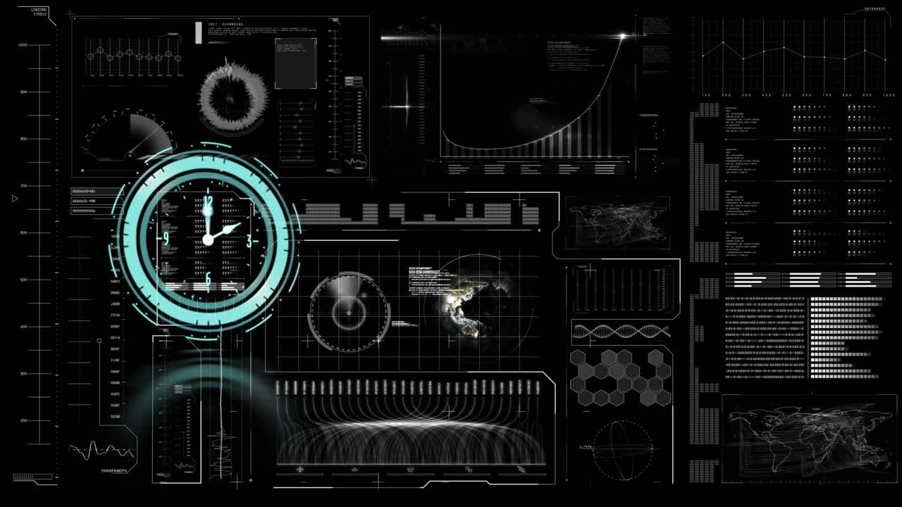 Animation of clock moving fast and data processing on digital screen