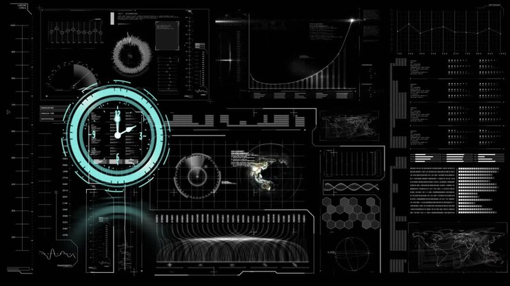 Animation of clock moving fast and data processing on digital screen
