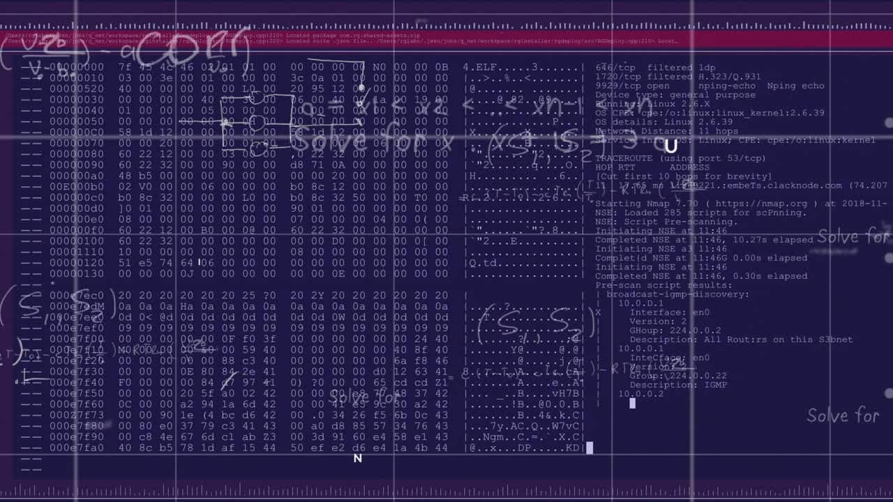Crimson scanning bar causing grid logging points with code and math expanding for network analysis