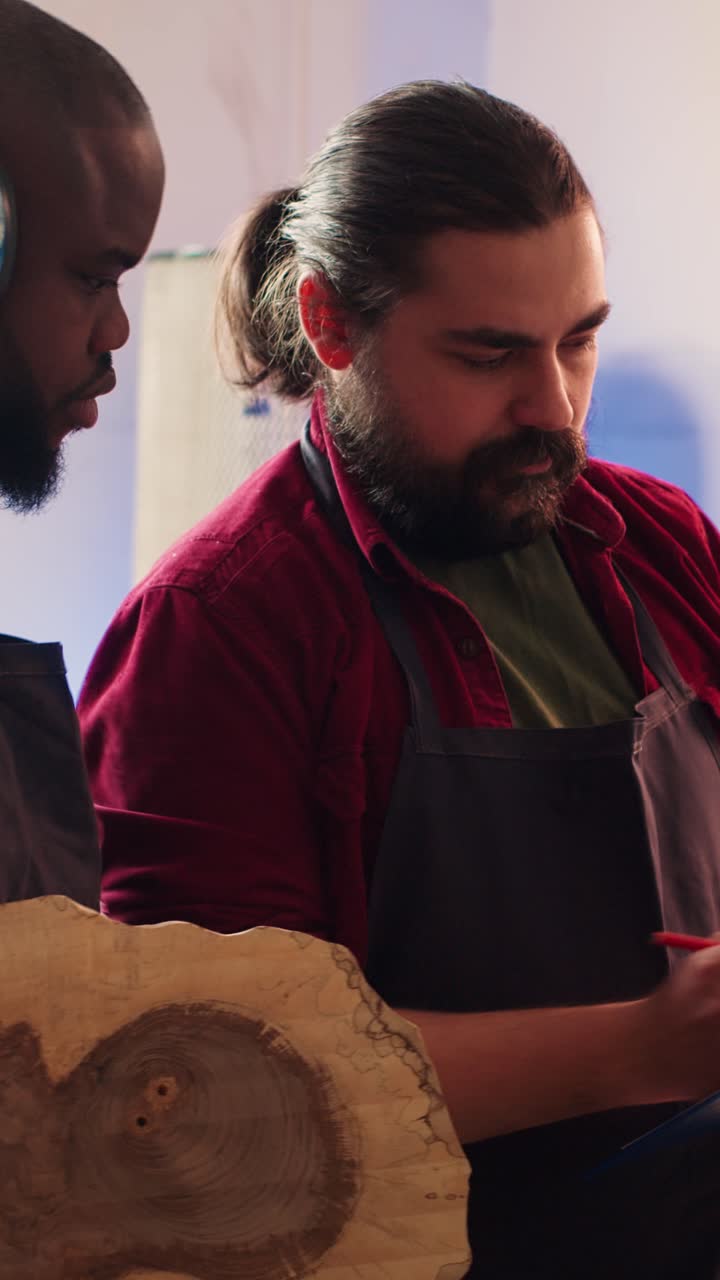 Two Woodworkers Collaborating and Discussing Design in a Workshop